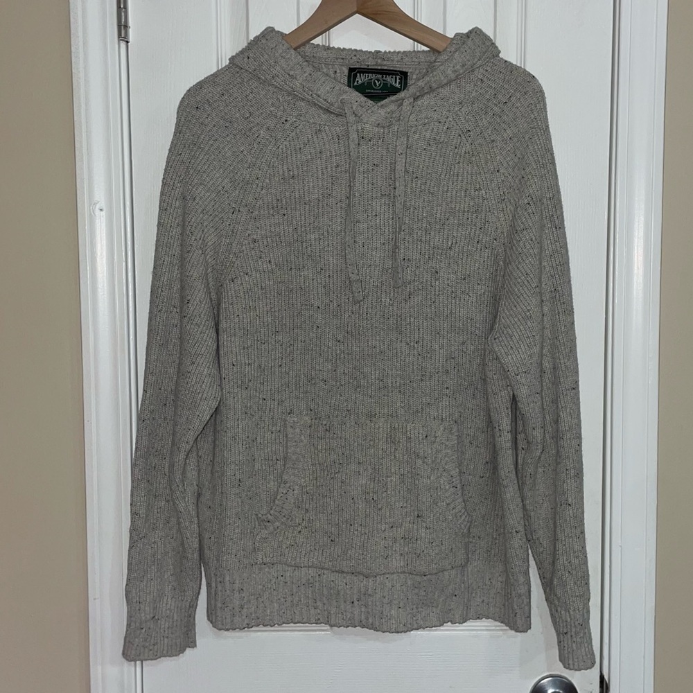 American Eagle XL Cable Knit Hooded V Neck Pullover Sweater Beige Size XL